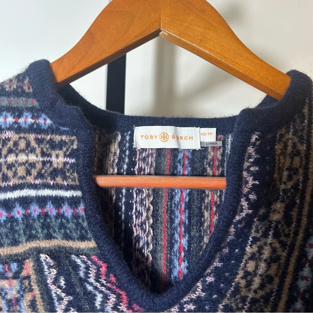 Tory Burch Fair Isle Jacquard Patchwork Tunic Knit Wool Alpaca Sweater‎ Size XS